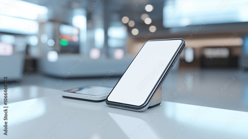 Poster modern smartphone on a minimalistic table in a bright, spacious tech showroom, showcasing its sleek 