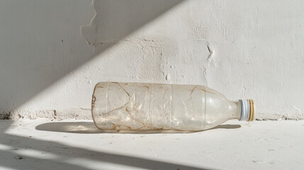 single plastic bottle lies on white surface, casting shadow. It is reminder of need to recycle and reduce waste