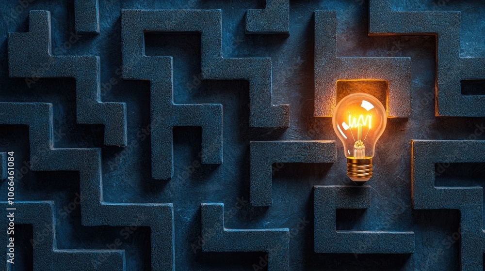 Poster light bulb in a maze of shadows and structures