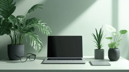 Fototapeta premium A minimalist office desk setup with laptop, glasses, and plants, ideal for website imagery related to productivity or workspace organization.