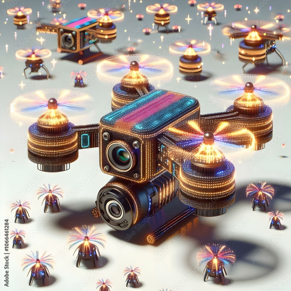Poster 3d futuristic drone fireworks macro close up drones led lights intricate patterns night sky vibrant 