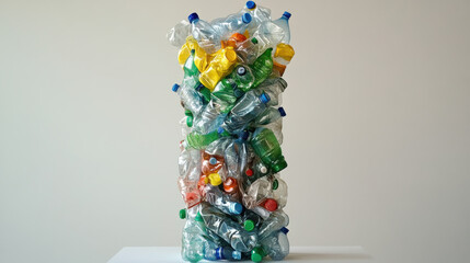 tower of plastic bottles, reminder of impact of consumerism on environment