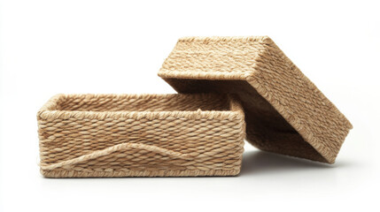 Two natural fiber storage boxes with lids, stacked