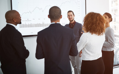 Workshop, business people and screen in office for finance, annual report or company growth...