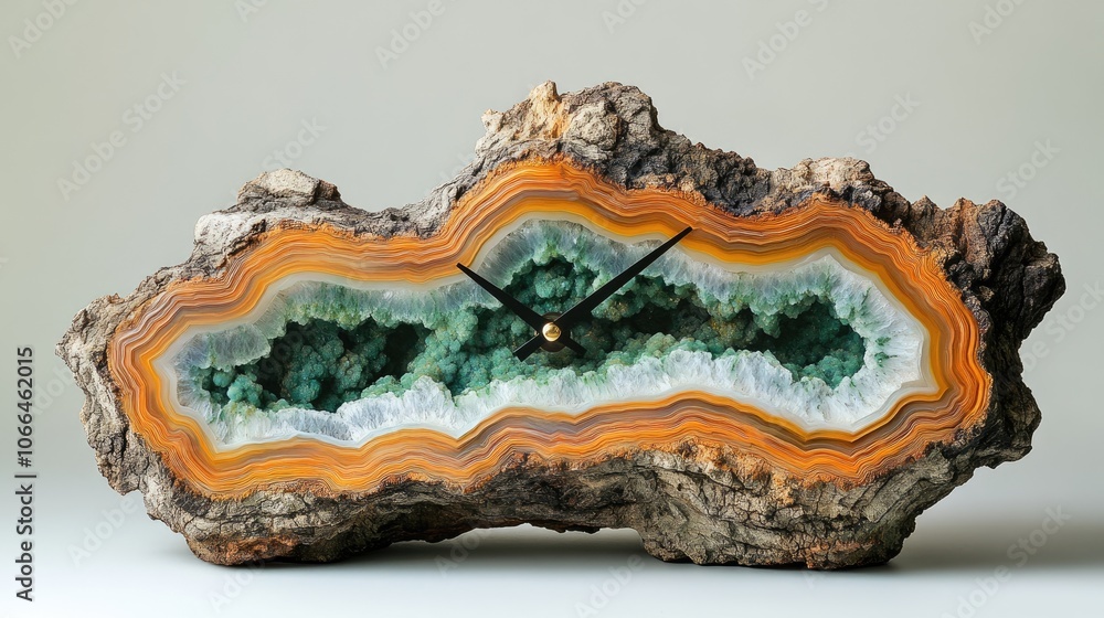 Poster a unique agate geode clock with black hands and a golden center. the geode is cut in half, revealing