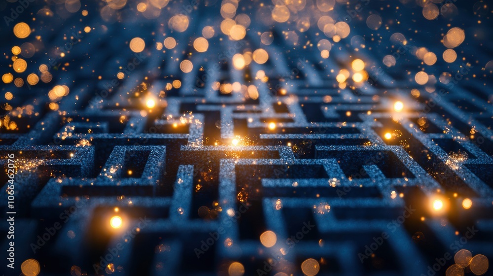 Poster Abstract Maze with Glowing Particles and Bokeh Effect
