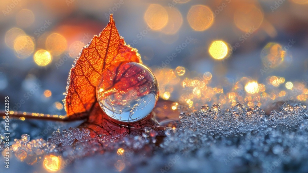Poster frosted leaf with reflection and bokeh background