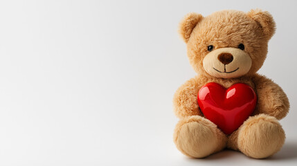 Obraz premium A Teddy bear with a red heart is isolated over a white background. Valentine's Day concept