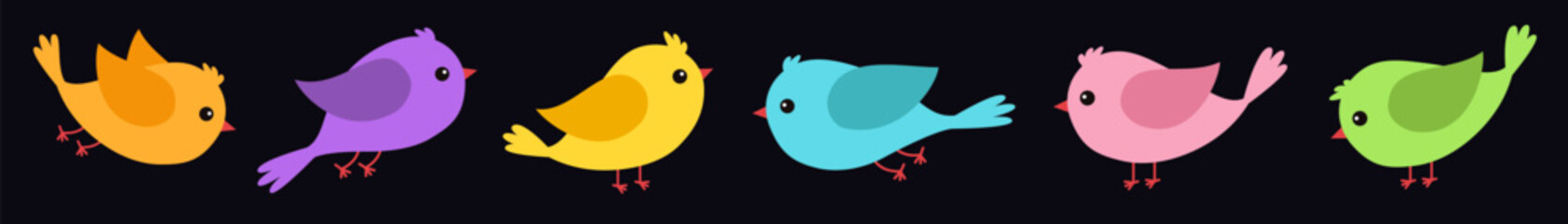 Bird icon set line. Different color birds collection. Cute kawaii cartoon funny character. Colorful sticker print. Childish style. Decoration element. Flat design. Black background. Isolated. Vector