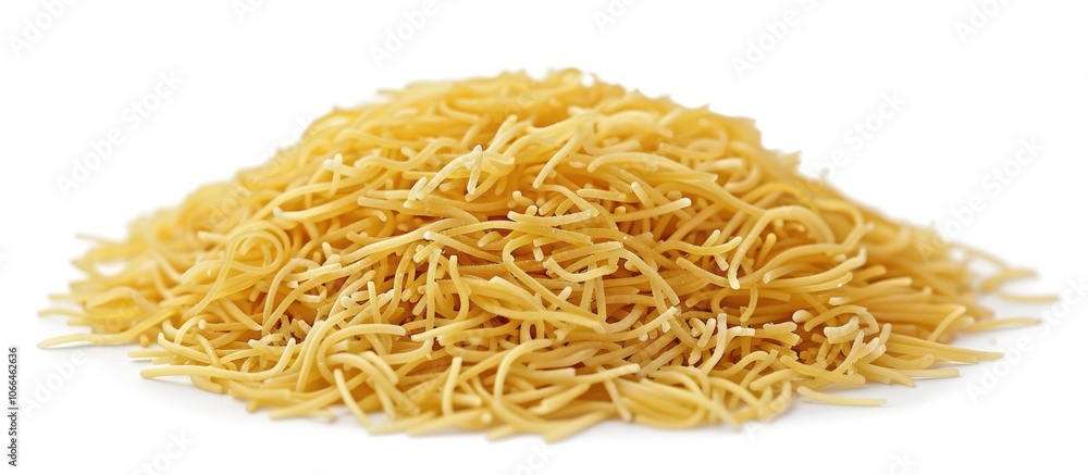 Poster a heap of tiny vermicelli on a blank white backdrop providing room for a copy space image