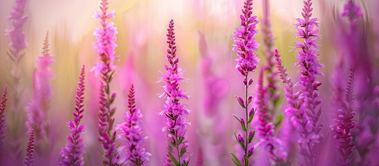 Fototapeta premium Horizontal purple loosestrife flowers categorized as Lythrum salicaria in the Lythraceae family are showcased in a copy space image