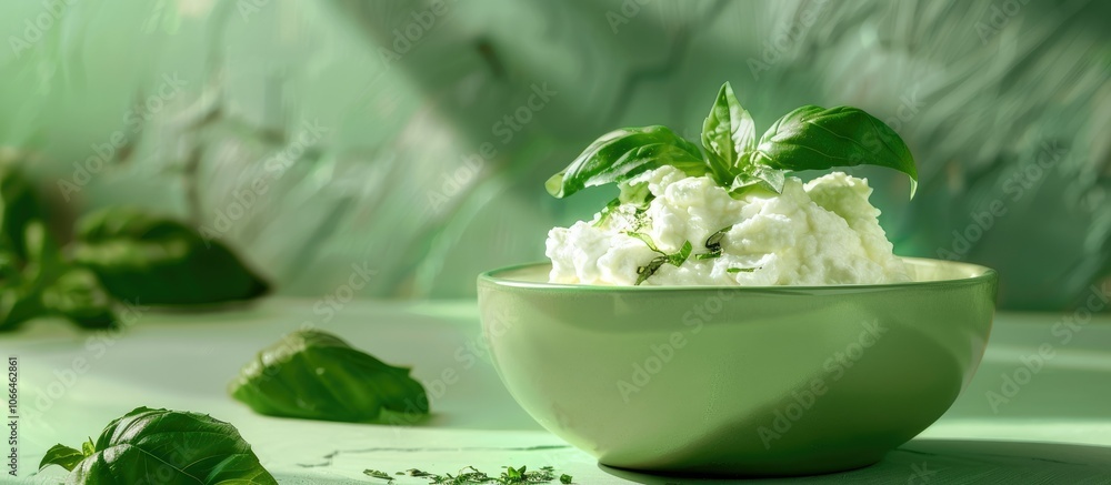 Poster close up of fresh ricotta and basil on a green table with room for text beside the image. with copys