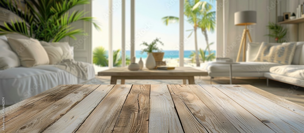 Poster wooden table top in the foreground with a coastal living room in the blurred background creating a t