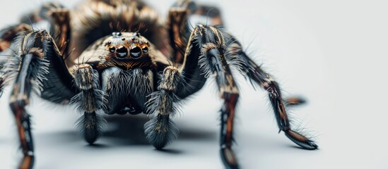 A detailed close up of a highly venomous spider against a white backdrop with a clear copy space image available