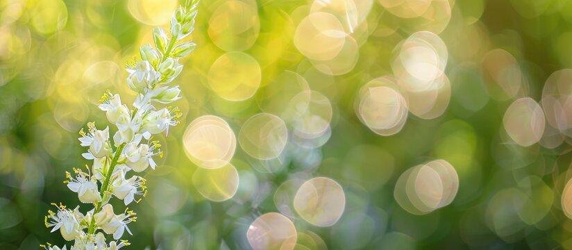 Melilotus albus flowers with white blossoms highlighted set against a blurred green bokeh background in the copy space image