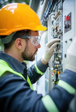 A close-up of a technician in safety gear inspecting equipment at a renewable energy power plant, such as wind turbines or solar panels, emphasizing innovation in sustainable energy.