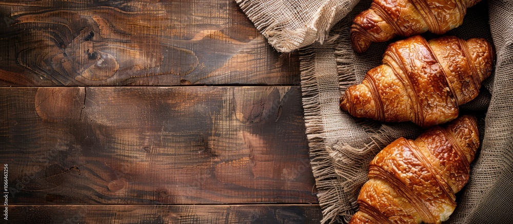 Poster rustic top view of a delicious croissant on a table with copy space image of bakery items
