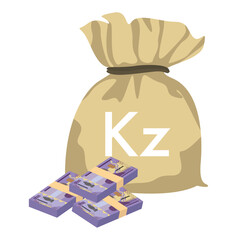 Angolan Kwanza Vector Illustration. Angola money set bundle banknotes. Money bag 5000 AOA. Flat style. Isolated on white background. Simple minimal design