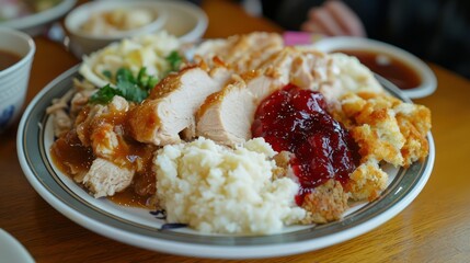 A close-up of a Thanksgiving dinner plate filled with turkey, stuffing, cranberry sauce, and mashed potatoes