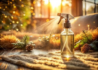 Fototapeta premium Captivating Double Exposure of Home Spray Against a Textured Natural Rug Background, Merging Elements of Comfort and Freshness for a Cozy Living Space Ambiance