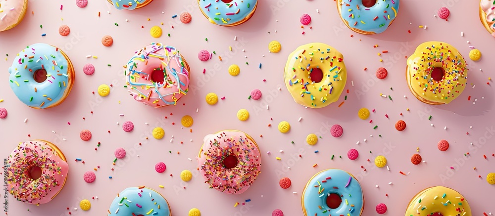 Poster colorful donut sprinkles creating a playful rainbow pattern on a sweet glaze background with small v