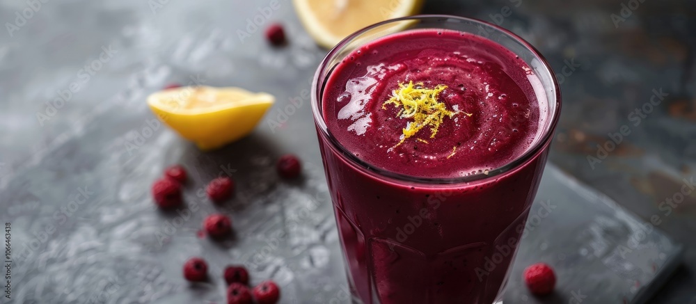 Poster close up of a glass filled with delicious acai juice garnished with lemon zest placed on a grey tabl