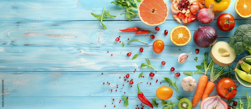 Aufkleber vegetarian protein source displayed on a light blue wooden surface with fresh fruits and vegetables 