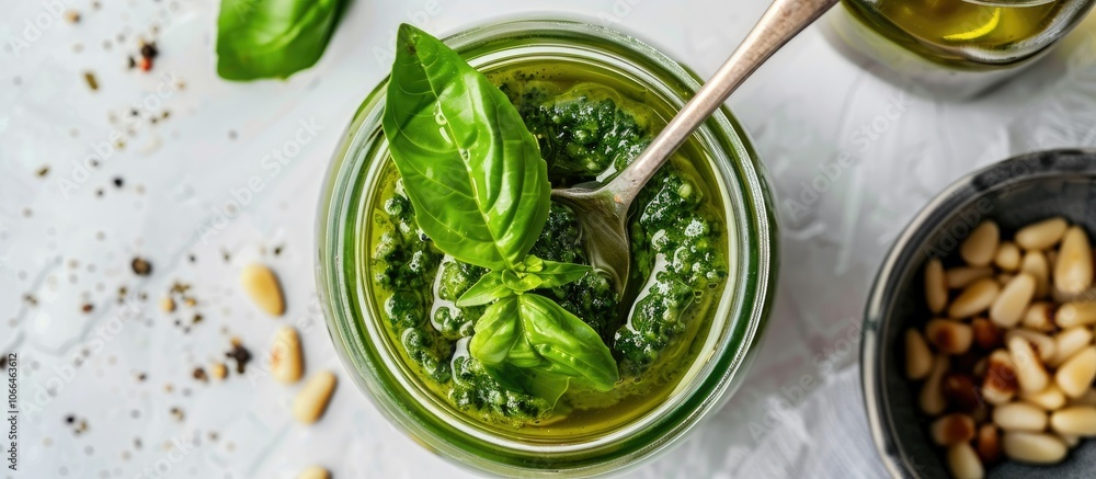 Poster top down view of a delicious jar of pesto sauce with a spoon pine nuts and fresh basil on a white ta