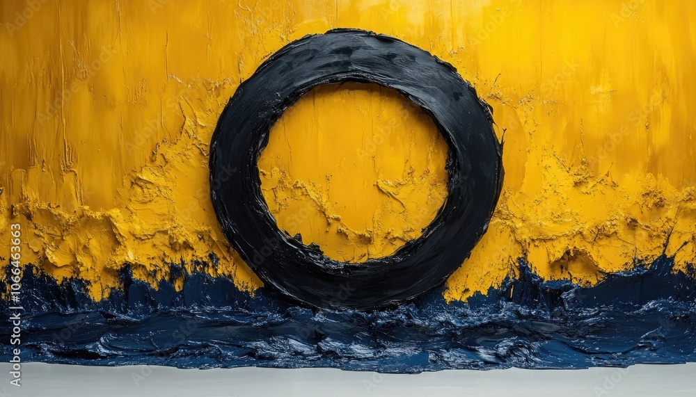 Poster abstract art with yellow and black. a textured background with a black circle in the middle, good fo