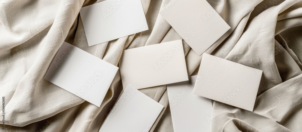Poster top view of beige textured background with blank business cards for design featuring copy space imag