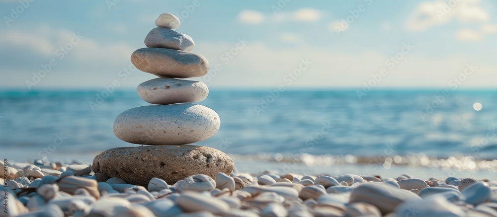 Poster wild stones stacked on the beach with a blue sky in the background creating a serene copy space imag
