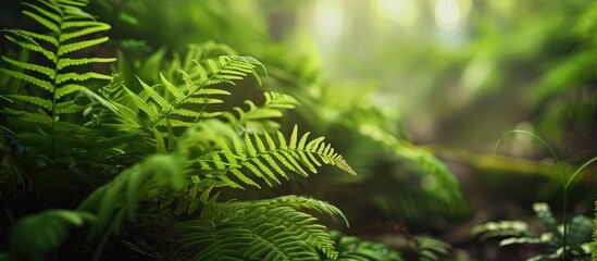 Close up of a natural green fern Pteridium aquilinum in the forest setting with copy space image available