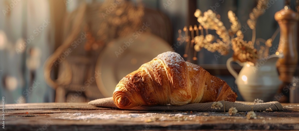 Poster delicious baked croissant displayed on a rustic table with copy space image