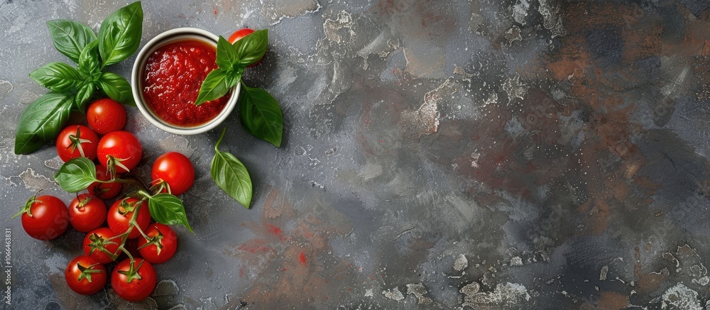 Poster cherry tomatoes and basil on textured background with tomato sauce perfect for salads organic vegan 