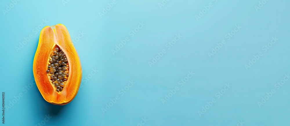 Poster top view of a papaya on a blue background with space for text or image integration. with copyspace i