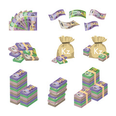 Angolan Kwanza Vector Illustration. Huge packs of Angola money set bundle banknotes. Bundle with cash bills. Deposit, wealth, accumulation and inheritance. Falling money AOA