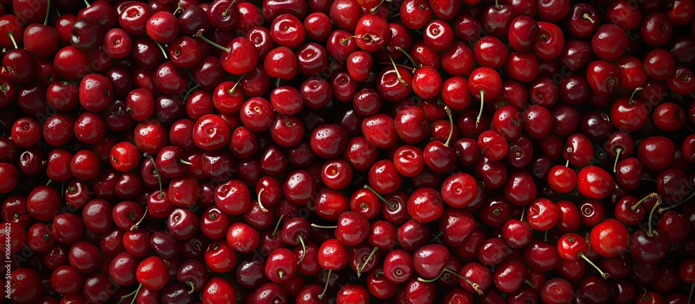 Poster red ripe cherry berries arranged neatly in a flat lay for a top view with space for adding text or o