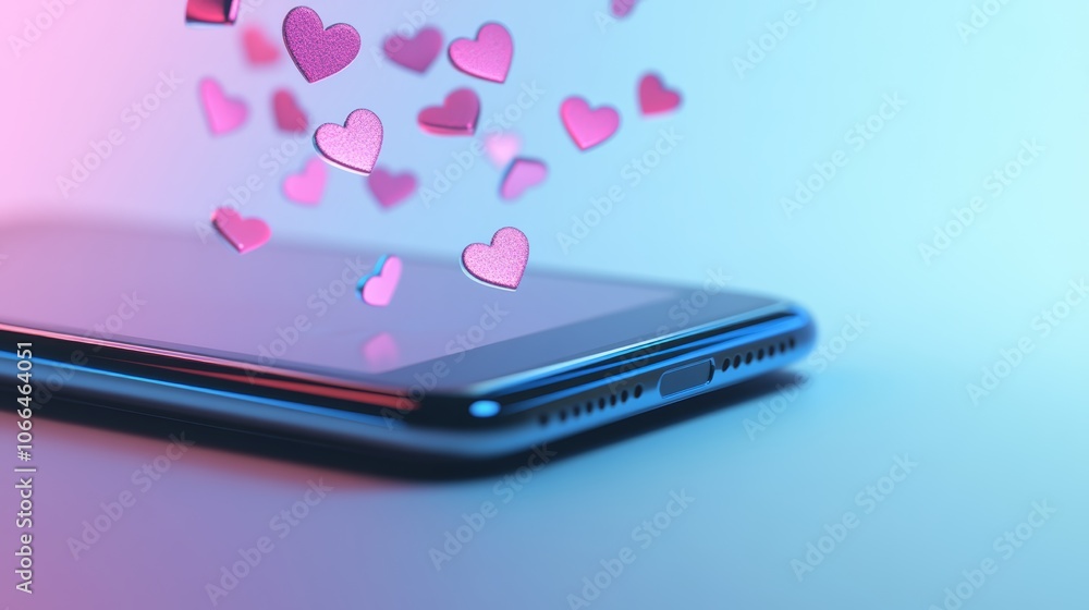 Aufkleber pink hearts floating above a smartphone symbolize online affection and engagement on social media pl