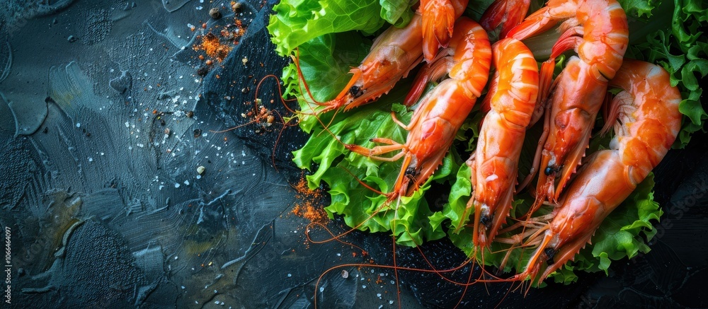 Poster top view of a fresh meal on a rustic table with a green leaf lettuce mix and shrimp prawns and lango