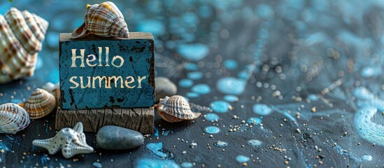 Wooden block with Hello summer symbol with sea shell and stone on black paper background creating a business lifestyle image with copy space