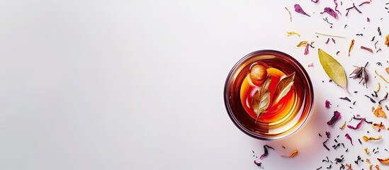Obraz premium Minimalist aesthetic styled drink with loose tea ideal for marketing with copy space image
