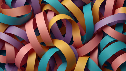 3D render of paper ribbon rolls with abstract swirls, pastel neon curls, spirals, and cylindrical shapes