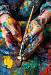 Obraz premium A close-up of an artist's hands covered in paint, holding a brush poised over a canvas.