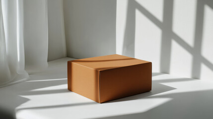 matte brown box with minimalist design, slightly tilted, sits in room bathed in soft, natural light