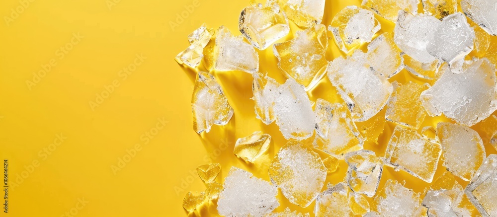 Poster top view of crushed ice on a yellow backdrop with room for text in a copy space image