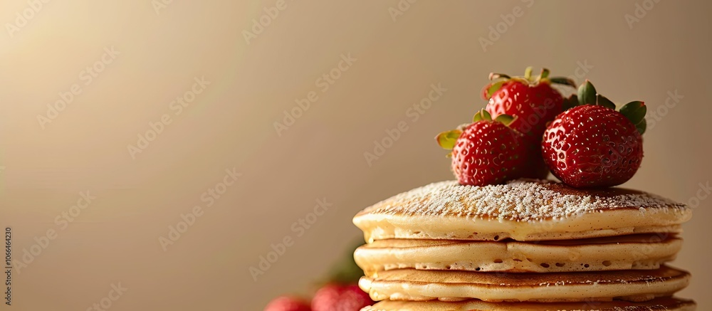Poster close up of a stack of pancakes with a strawberry on top ideal for pictures or text placement with c