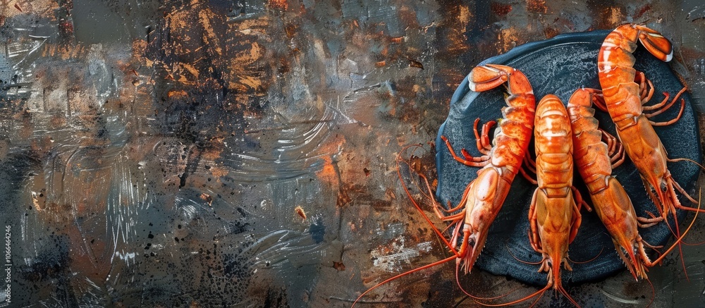 Poster fresh langoustine seafood arranged on a rustic table creating a picturesque copy space image from a 