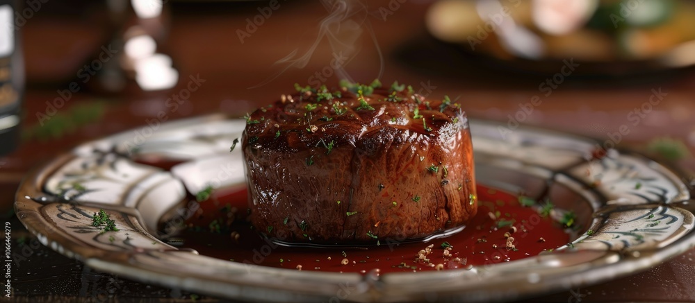 Poster a filet mignon steak is displayed on a dish with sauce and a decorative setting in a side view with 