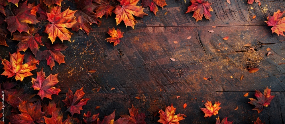 Poster aerial shot of vibrant fall maple leaves displayed on a rustic table featuring a blank copy space im