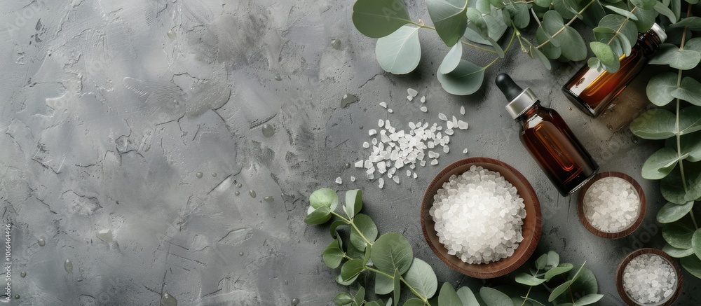 Poster essential oil bottles sea salt and eucalyptus branches on a grey background in a flat lay compositio